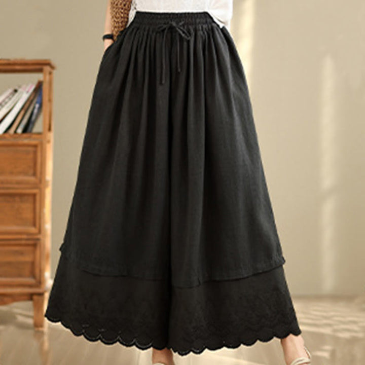 Pantalones de algodón de pierna ancha con bolsillos para mujer, diseño de patchwork, con dobladillo de encaje bordado y Buddha Stones - image 12