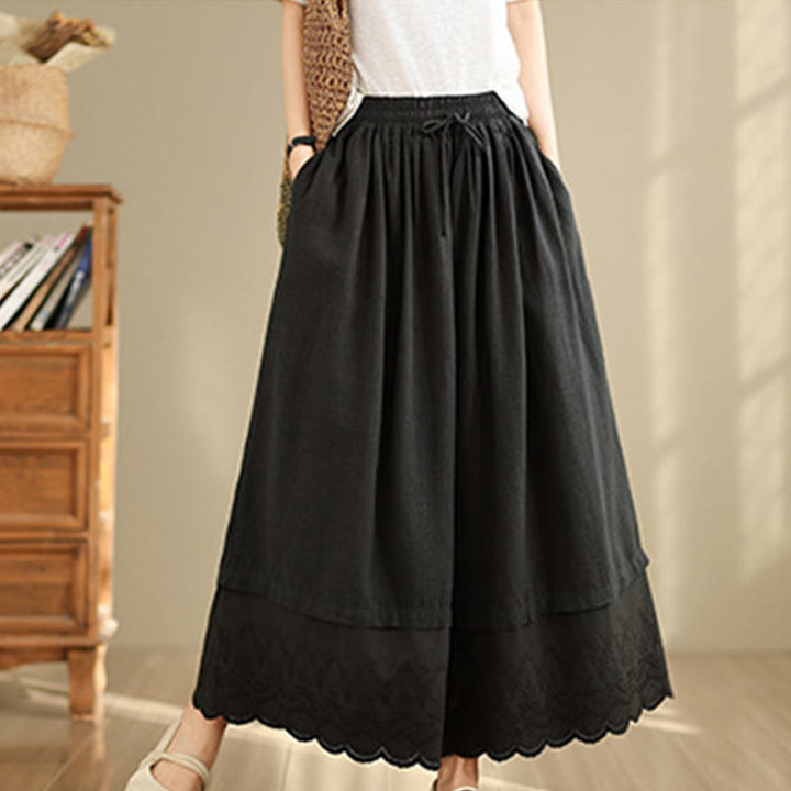 Pantalones de algodón de pierna ancha con bolsillos para mujer, diseño de patchwork, con dobladillo de encaje bordado y Buddha Stones - image 11