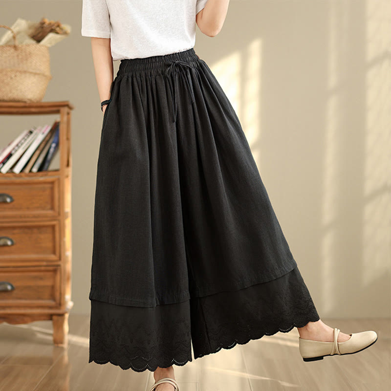 Pantalones de algodón de pierna ancha con bolsillos para mujer, diseño de patchwork, con dobladillo de encaje bordado y Buddha Stones - Negro - US8-10，UK/AU12-14，EU40-42 (2XL) - image 9
