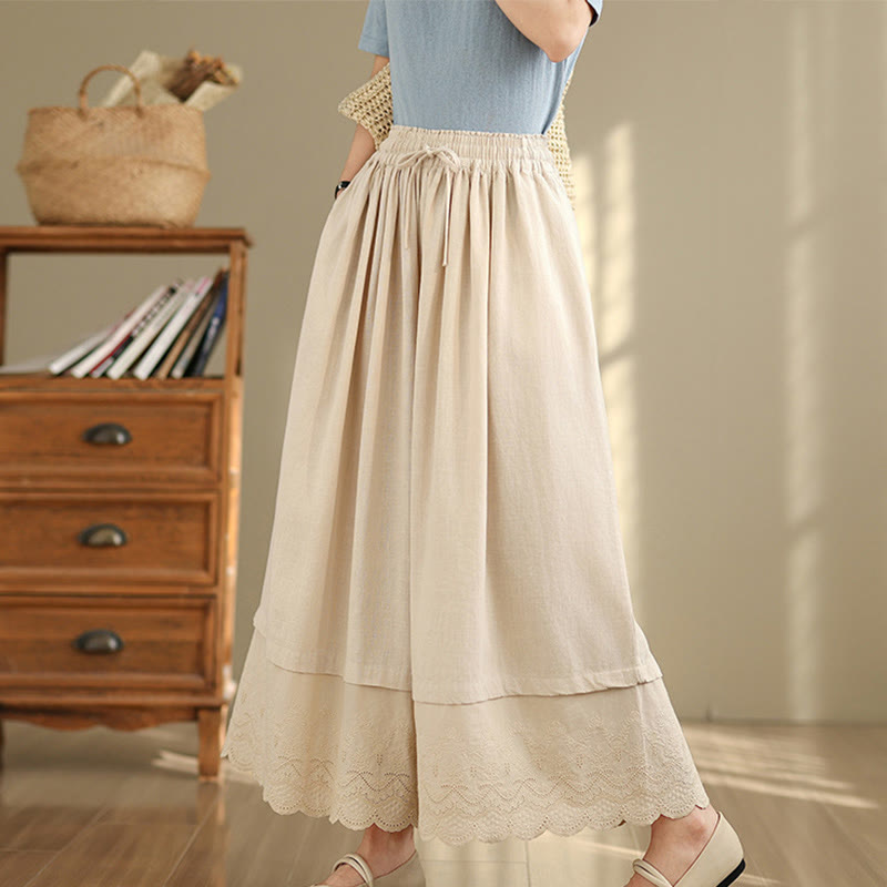 Pantalones de algodón de pierna ancha con bolsillos para mujer, diseño de patchwork, con dobladillo de encaje bordado y Buddha Stones - image 1
