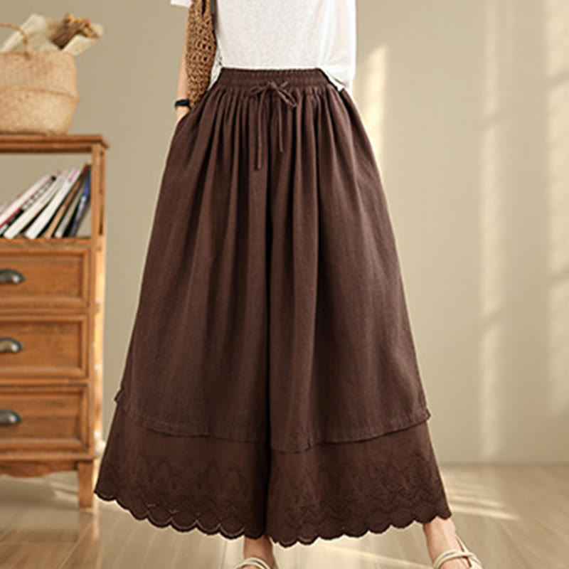 Pantalones de algodón de pierna ancha con bolsillos para mujer, diseño de patchwork, con dobladillo de encaje bordado y Buddha Stones - image 15