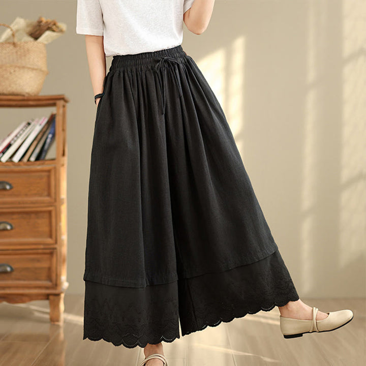 Pantalones de algodón de pierna ancha con bolsillos para mujer, diseño de patchwork, con dobladillo de encaje bordado y Buddha Stones - Negro - US8-10，UK/AU12-14，EU40-42 (2XL) - image 9