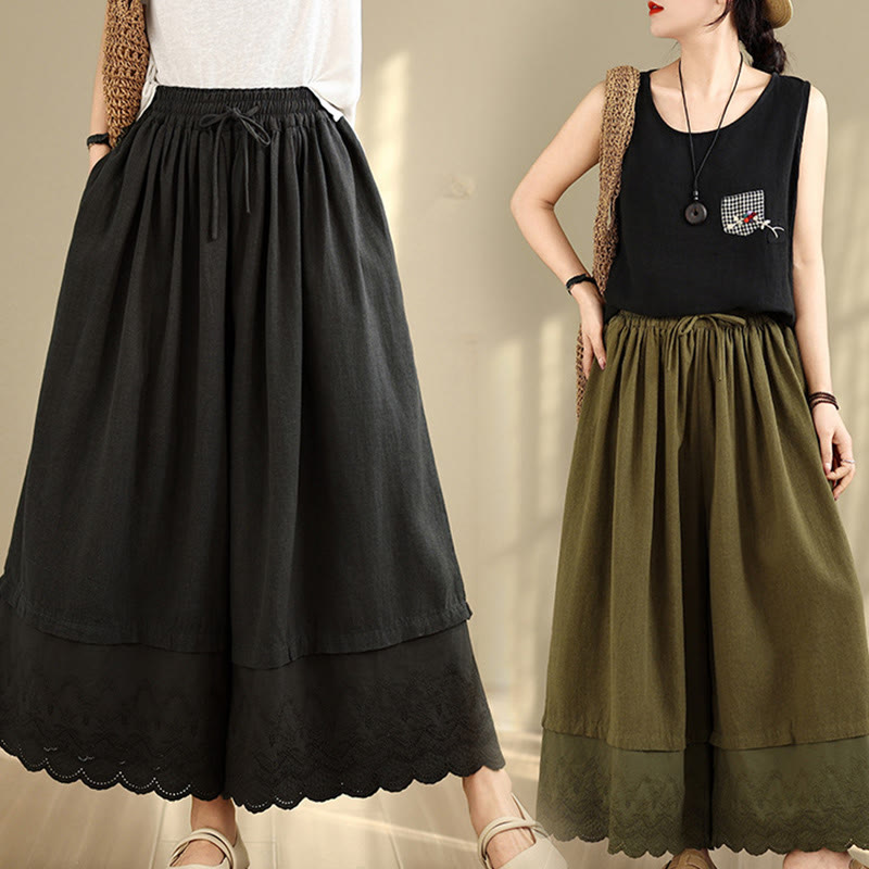 Pantalones de algodón de pierna ancha con bolsillos para mujer, diseño de patchwork, con dobladillo de encaje bordado y Buddha Stones - image 25