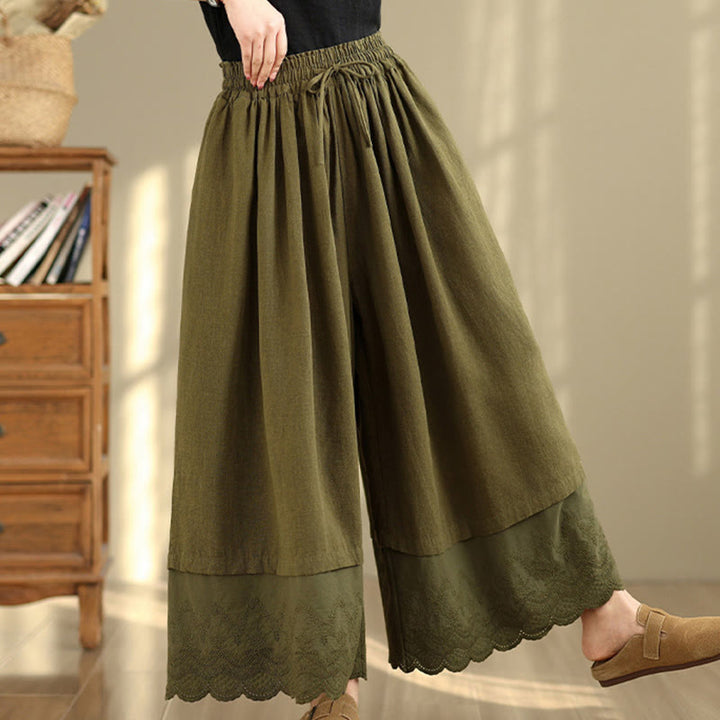 Pantalones de algodón de pierna ancha con bolsillos para mujer, diseño de patchwork, con dobladillo de encaje bordado y Buddha Stones - image 22
