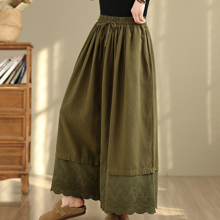 Pantalones de algodón de pierna ancha con bolsillos para mujer, diseño de patchwork, con dobladillo de encaje bordado y Buddha Stones - image 22