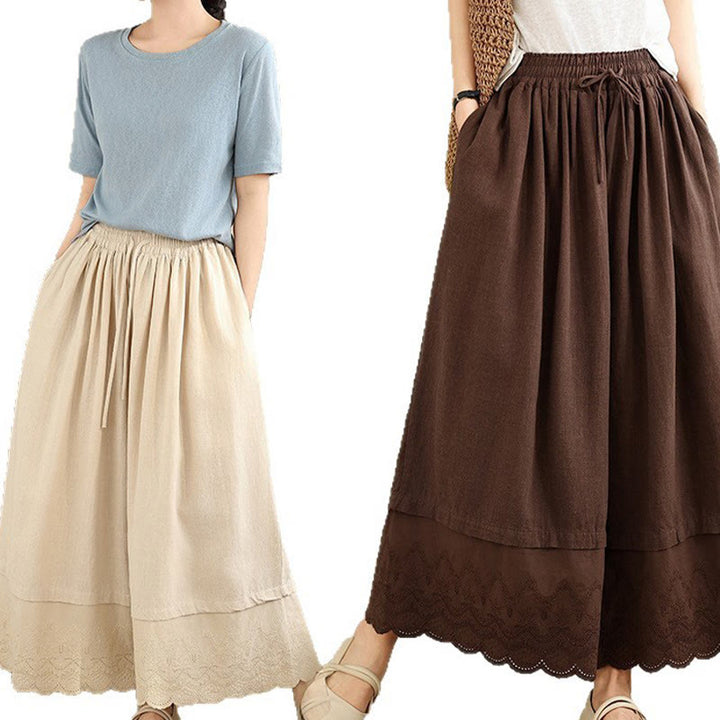 Pantalones de algodón de pierna ancha con bolsillos para mujer, diseño de patchwork, con dobladillo de encaje bordado y Buddha Stones - image 28