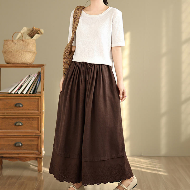 Pantalones de algodón de pierna ancha con bolsillos para mujer, diseño de patchwork, con dobladillo de encaje bordado y Buddha Stones - image 16