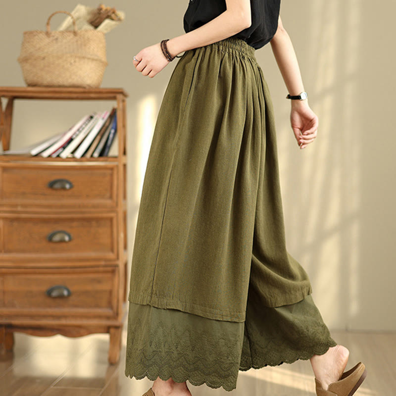 Pantalones de algodón de pierna ancha con bolsillos para mujer, diseño de patchwork, con dobladillo de encaje bordado y Buddha Stones - image 25