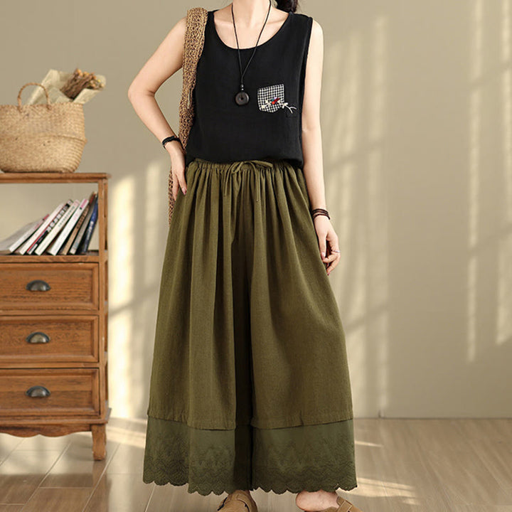 Pantalones de algodón de pierna ancha con bolsillos para mujer, diseño de patchwork, con dobladillo de encaje bordado y Buddha Stones - image 24