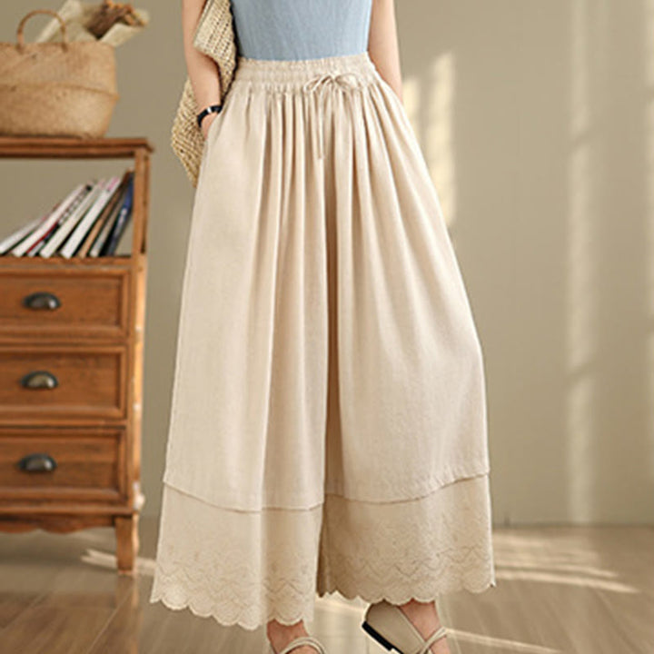 Pantalones de algodón de pierna ancha con bolsillos para mujer, diseño de patchwork, con dobladillo de encaje bordado y Buddha Stones - Beige - US8-10，UK/AU12-14，EU40-42 (2XL) - image 0