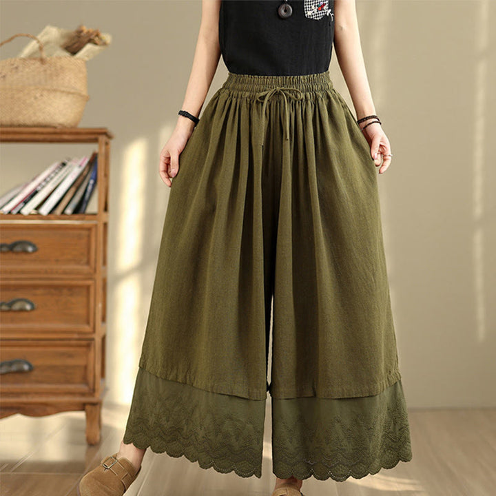 Pantalones de algodón de pierna ancha con bolsillos para mujer, diseño de patchwork, con dobladillo de encaje bordado y Buddha Stones - Verde oliva oscuro - US8-10，UK/AU12-14，EU40-42 (2XL) - image 19