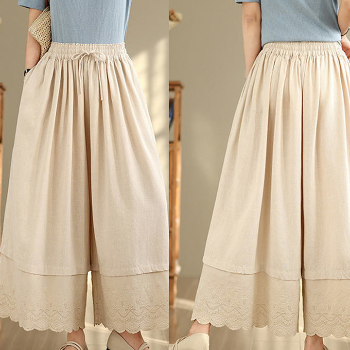 Pantalones de algodón de pierna ancha con bolsillos para mujer, diseño de patchwork, con dobladillo de encaje bordado y Buddha Stones - image 9