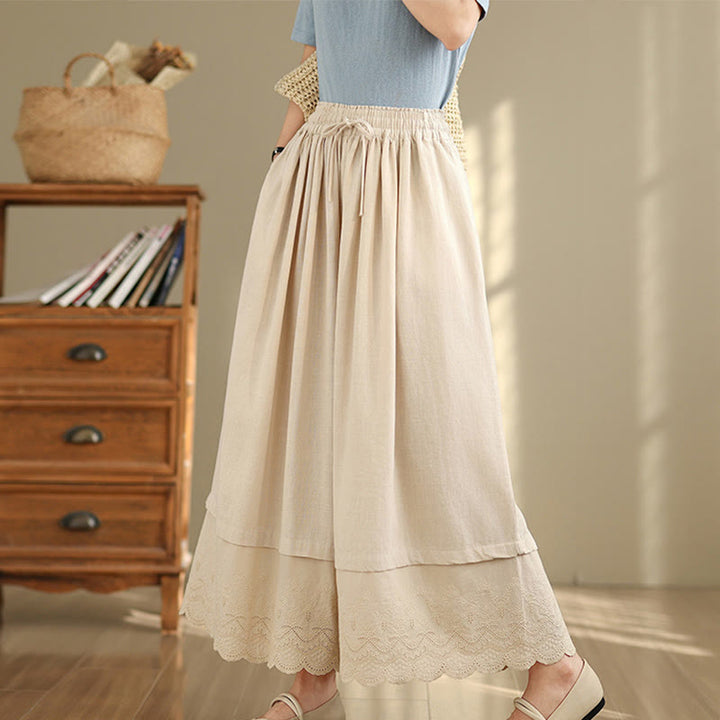 Pantalones de algodón de pierna ancha con bolsillos para mujer, diseño de patchwork, con dobladillo de encaje bordado y Buddha Stones - image 2