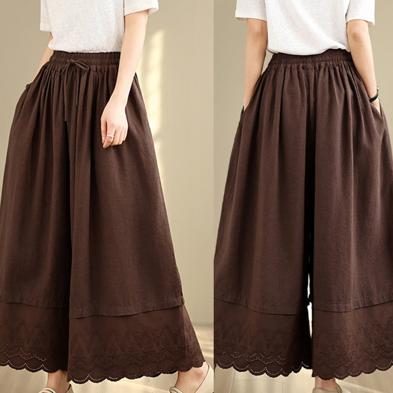 Pantalones de algodón de pierna ancha con bolsillos para mujer, diseño de patchwork, con dobladillo de encaje bordado y Buddha Stones - image 18