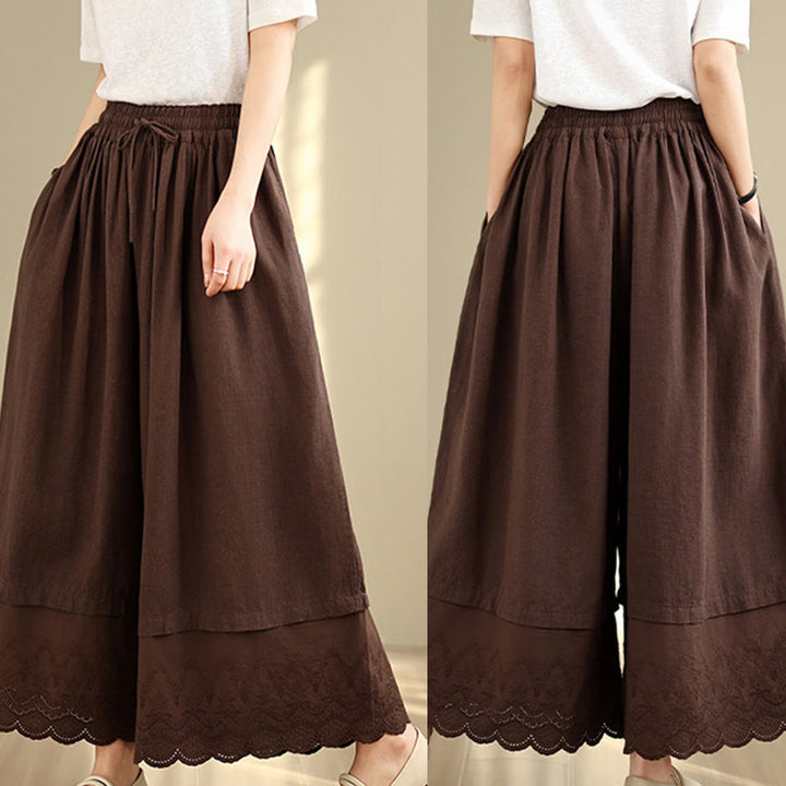 Pantalones de algodón de pierna ancha con bolsillos para mujer, diseño de patchwork, con dobladillo de encaje bordado y Buddha Stones - image 18