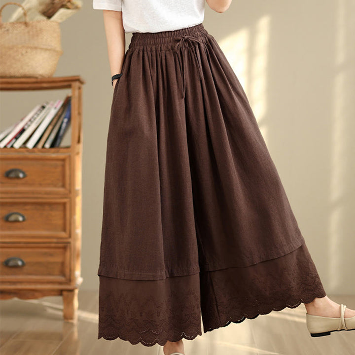 Pantalones de algodón de pierna ancha con bolsillos para mujer, diseño de patchwork, con dobladillo de encaje bordado y Buddha Stones - image 15