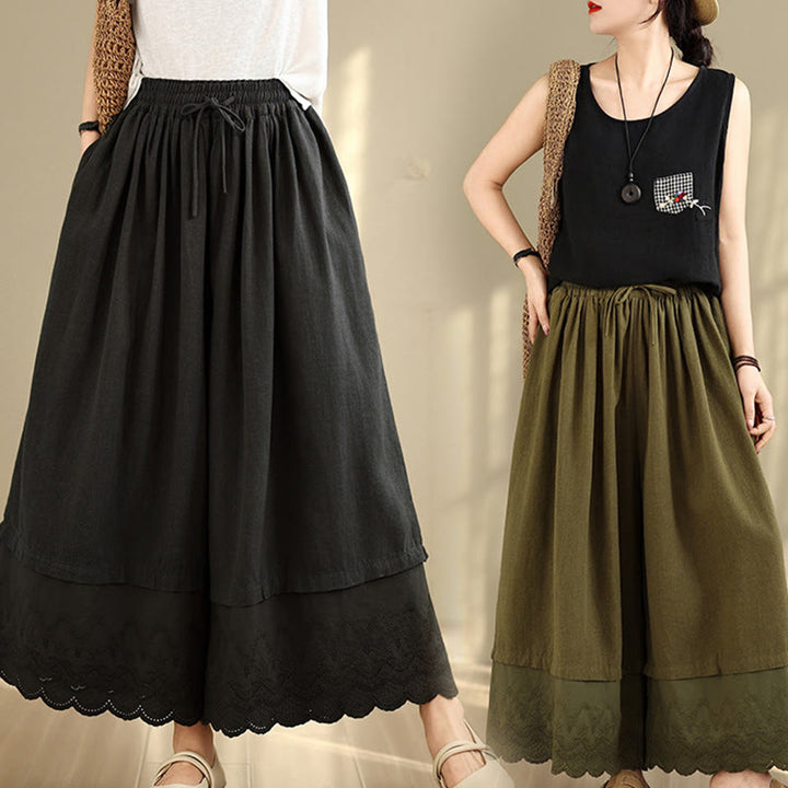 Pantalones de algodón de pierna ancha con bolsillos para mujer, diseño de patchwork, con dobladillo de encaje bordado y Buddha Stones - image 26