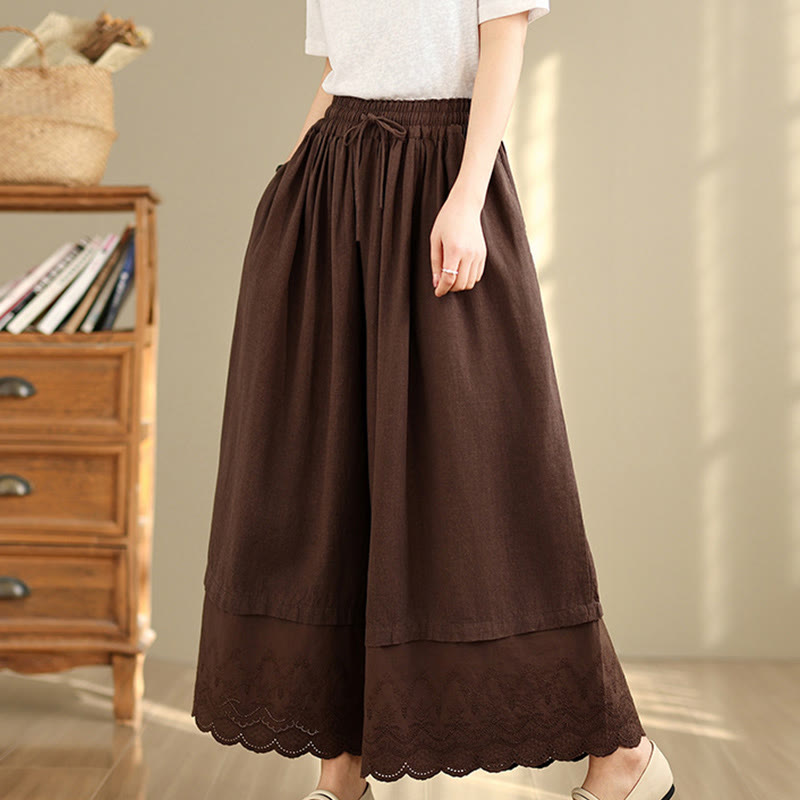 Pantalones de algodón de pierna ancha con bolsillos para mujer, diseño de patchwork, con dobladillo de encaje bordado y Buddha Stones - SaddleBrown - US8-10，UK/AU12-14，EU40-42 (2XL) - image 13