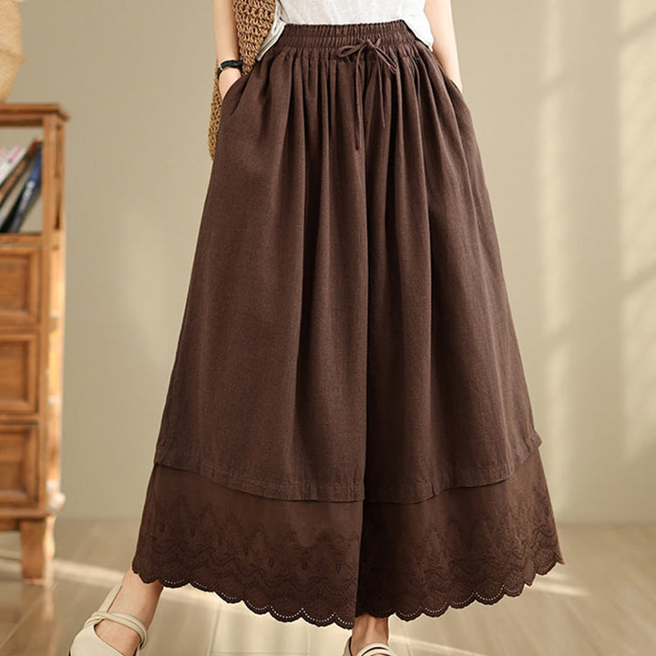 Pantalones de algodón de pierna ancha con bolsillos para mujer, diseño de patchwork, con dobladillo de encaje bordado y Buddha Stones - image 13