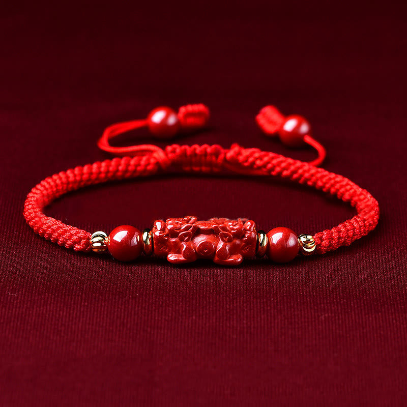 Pulsera trenzada de Pixiu, cinabrio y ruyi, hecha a mano con Buddha Stones, para la riqueza y la suerte - Cinnabar PiXiu (circunferencia de la muñeca: 14-19 cm) - image 1