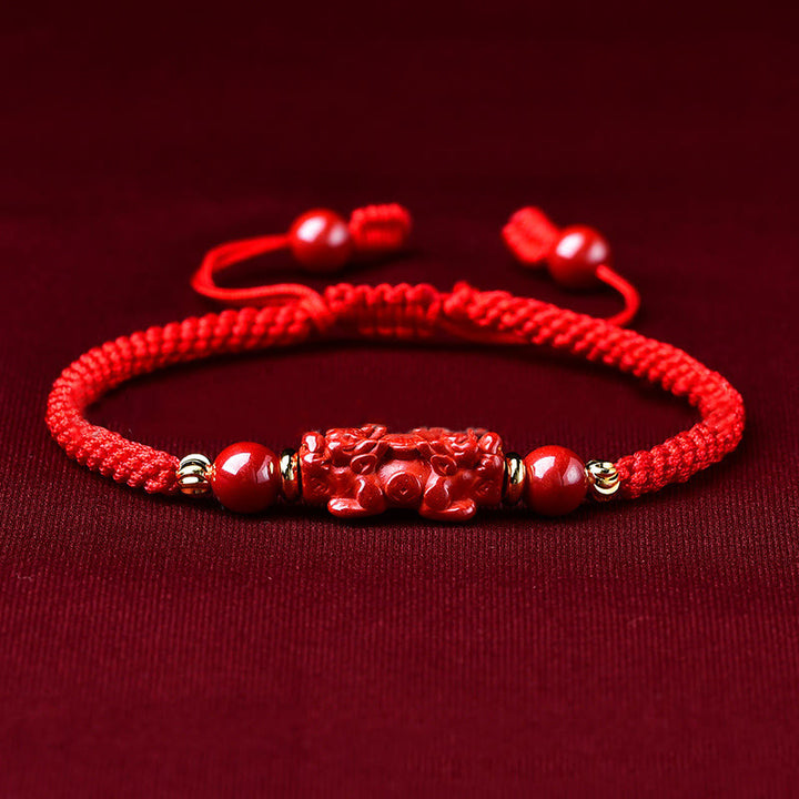 Pulsera trenzada de Pixiu, cinabrio y ruyi, hecha a mano con Buddha Stones, para la riqueza y la suerte - Cinnabar PiXiu (circunferencia de la muñeca: 14-19 cm) - image 0