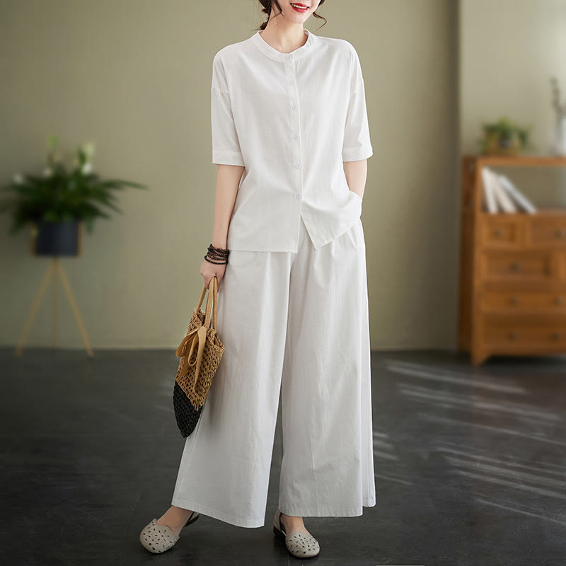 Conjunto de 2 piezas de camisa informal de manga corta con botones, pantalones anchos y bolsillos de algodón Zen con diseño de Buddha Stones y piedras de color liso para mujer - Blanco - US8-10，UK/AU12-14，EU40-42 (2XL) - image 1