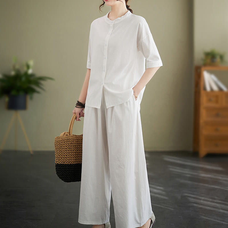 Conjunto de 2 piezas de camisa informal de manga corta con botones, pantalones anchos y bolsillos de algodón Zen con diseño de Buddha Stones y piedras de color liso para mujer - image 1