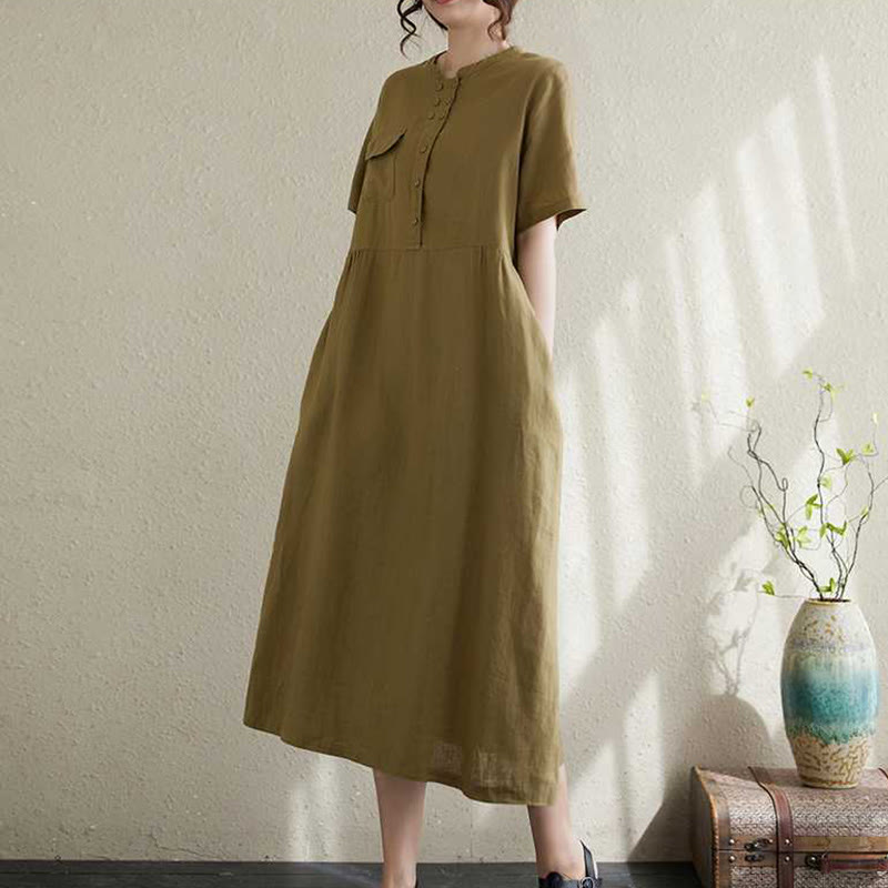 Vestido midi de lino de manga corta con cuello alto y botones, con bolsillos y diseño de Buddha Stones - image 9