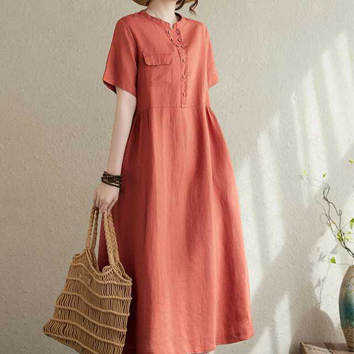 Vestido midi de lino de manga corta con cuello alto y botones, con bolsillos y diseño de Buddha Stones - image 13
