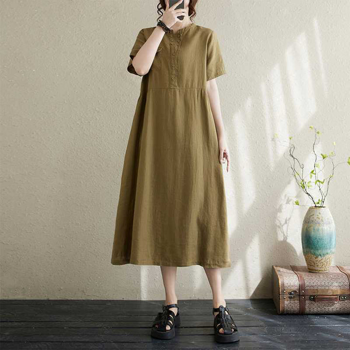 Vestido midi de lino de manga corta con cuello alto y botones, con bolsillos y diseño de Buddha Stones - Verde oliva - US8-10，UK/AU12-14，EU40-42 (2XL) - image 7