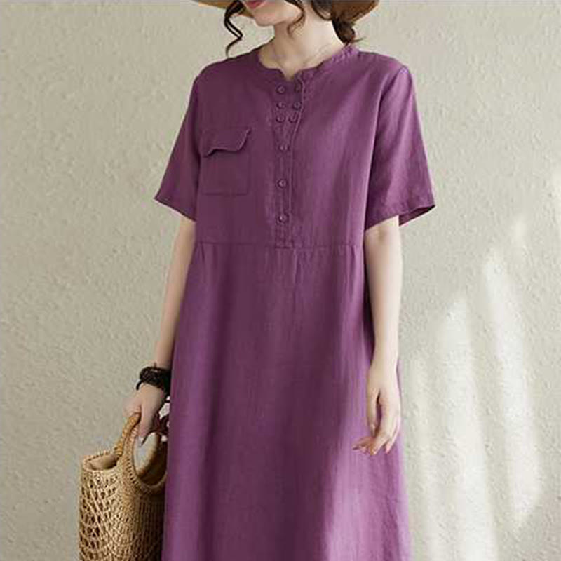Vestido midi de lino de manga corta con cuello alto y botones, con bolsillos y diseño de Buddha Stones - image 4