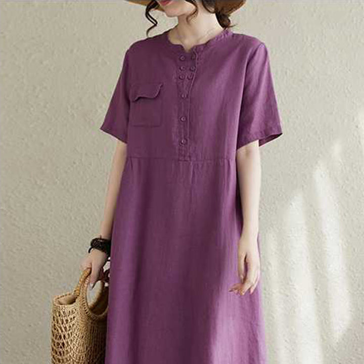 Vestido midi de lino de manga corta con cuello alto y botones, con bolsillos y diseño de Buddha Stones - image 4