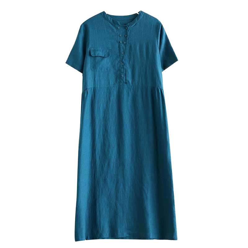 Vestido midi de lino de manga corta con cuello alto y botones, con bolsillos y diseño de Buddha Stones - image 27