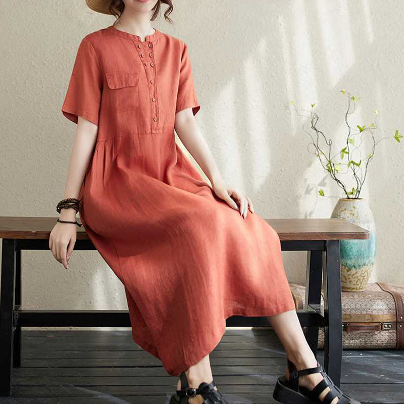 Vestido midi de lino de manga corta con cuello alto y botones, con bolsillos y diseño de Buddha Stones - image 14