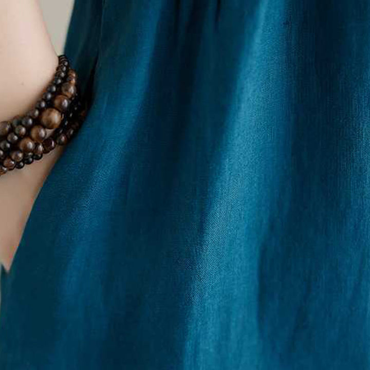 Vestido midi de lino de manga corta con cuello alto y botones, con bolsillos y diseño de Buddha Stones - image 23