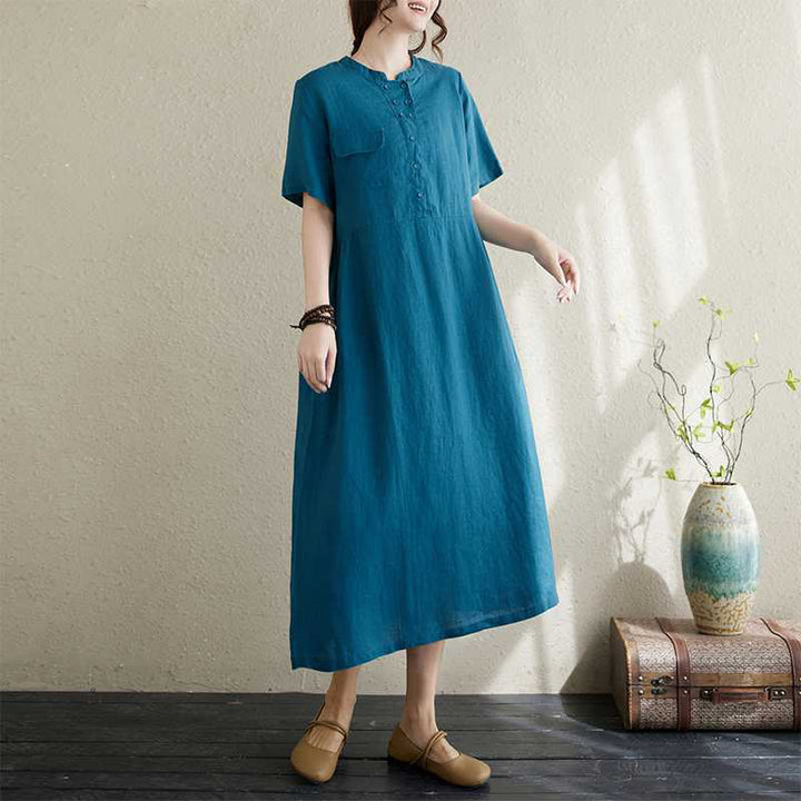 Vestido midi de lino de manga corta con cuello alto y botones, con bolsillos y diseño de Buddha Stones - DodgerBlue - US8-10，UK/AU12-14，EU40-42 (2XL) - image 16