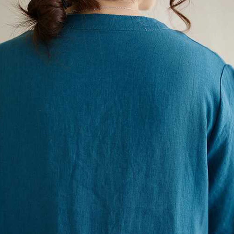 Vestido midi de lino de manga corta con cuello alto y botones, con bolsillos y diseño de Buddha Stones - image 20