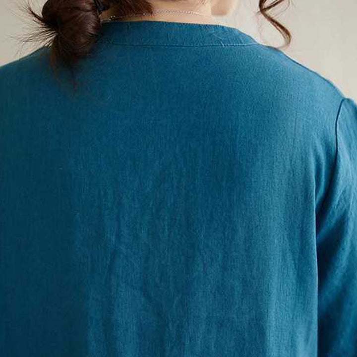 Vestido midi de lino de manga corta con cuello alto y botones, con bolsillos y diseño de Buddha Stones - image 20