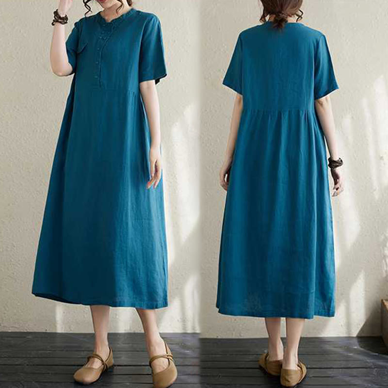 Vestido midi de lino de manga corta con cuello alto y botones, con bolsillos y diseño de Buddha Stones - image 26