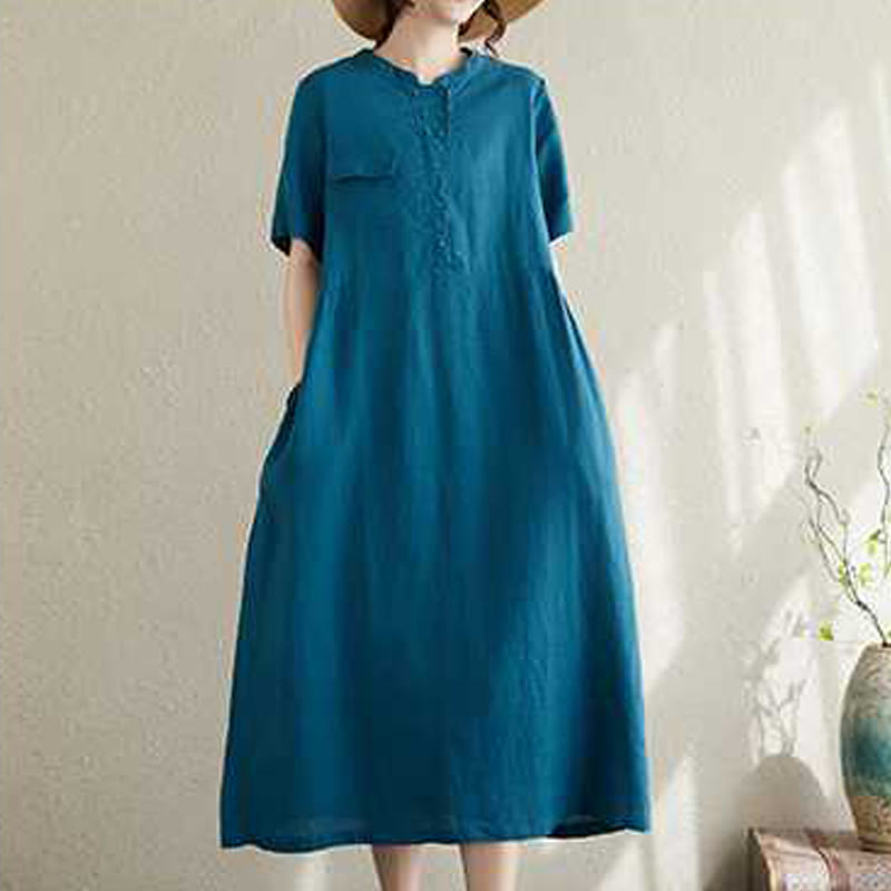 Vestido midi de lino de manga corta con cuello alto y botones, con bolsillos y diseño de Buddha Stones - image 18