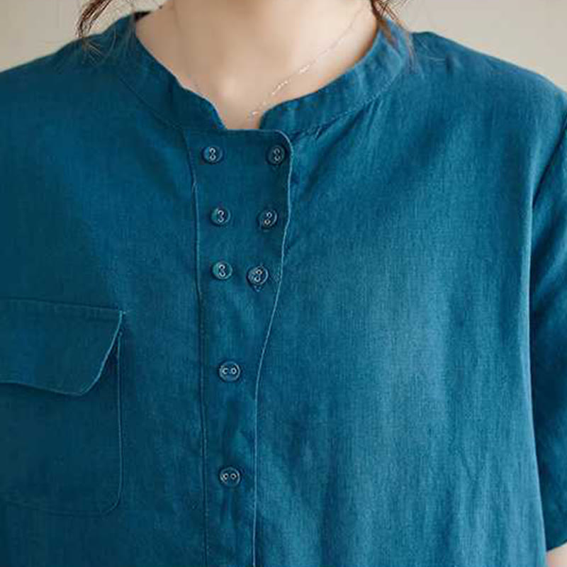 Vestido midi de lino de manga corta con cuello alto y botones, con bolsillos y diseño de Buddha Stones - image 19