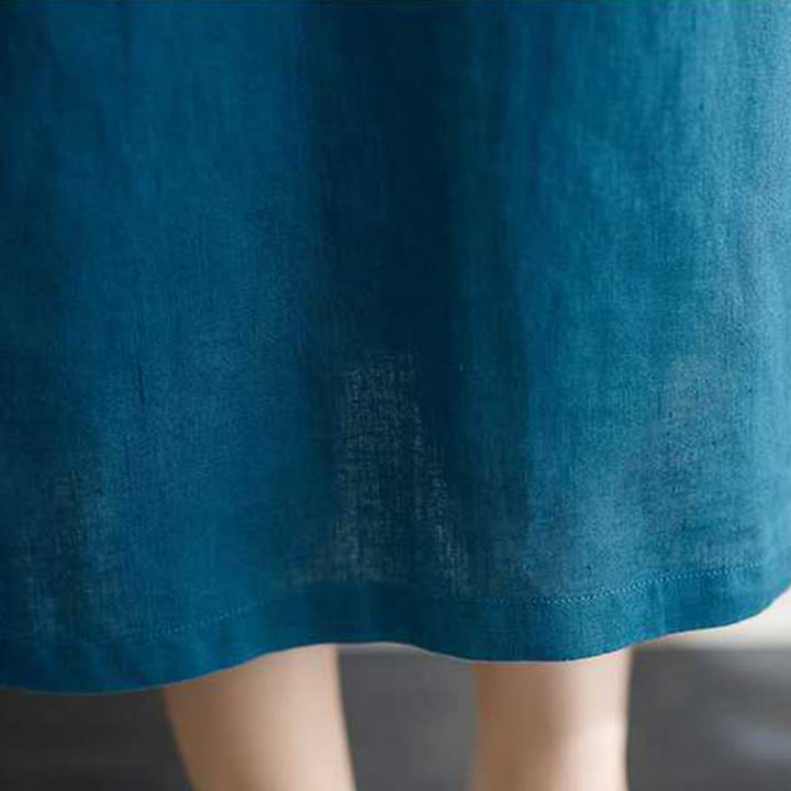 Vestido midi de lino de manga corta con cuello alto y botones, con bolsillos y diseño de Buddha Stones - image 25