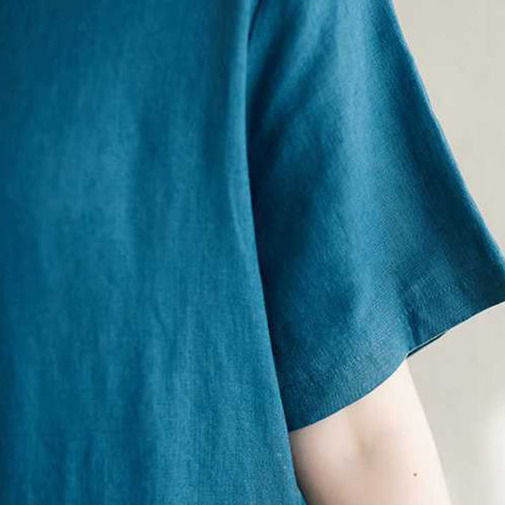 Vestido midi de lino de manga corta con cuello alto y botones, con bolsillos y diseño de Buddha Stones - image 22