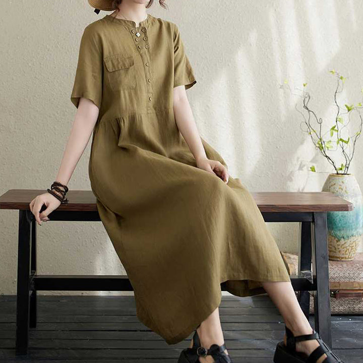 Vestido midi de lino de manga corta con cuello alto y botones, con bolsillos y diseño de Buddha Stones - image 10