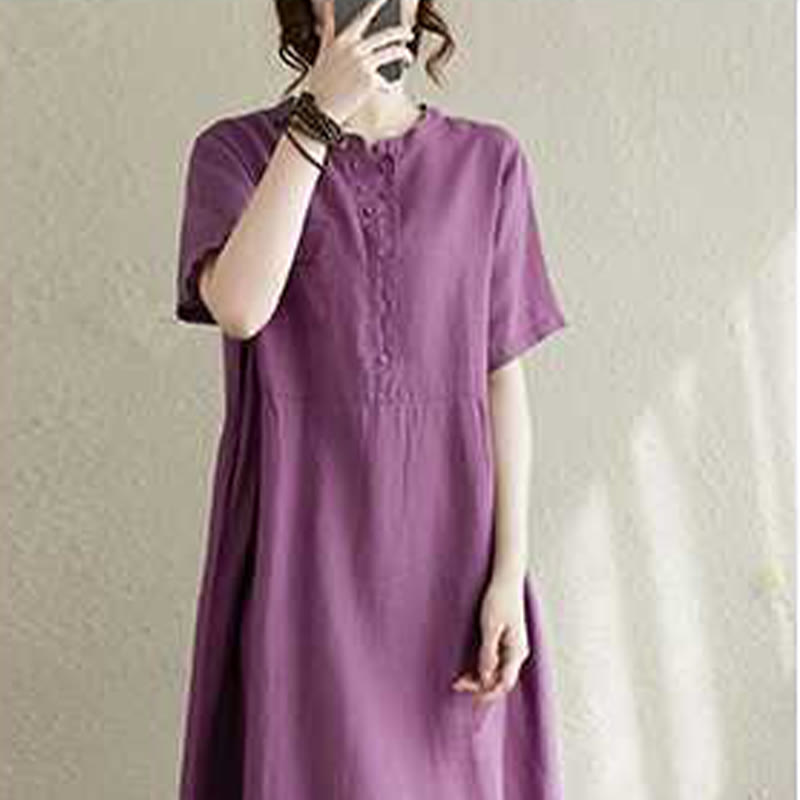 Vestido midi de lino de manga corta con cuello alto y botones, con bolsillos y diseño de Buddha Stones - image 5