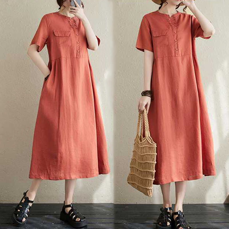 Vestido midi de lino de manga corta con cuello alto y botones, con bolsillos y diseño de Buddha Stones - image 15
