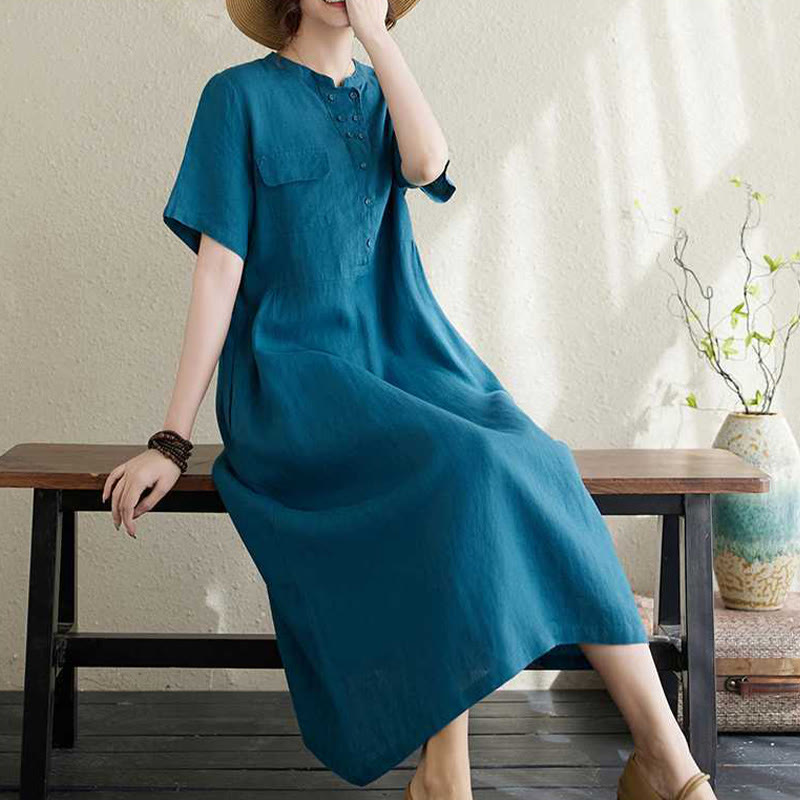 Vestido midi de lino de manga corta con cuello alto y botones, con bolsillos y diseño de Buddha Stones - image 19