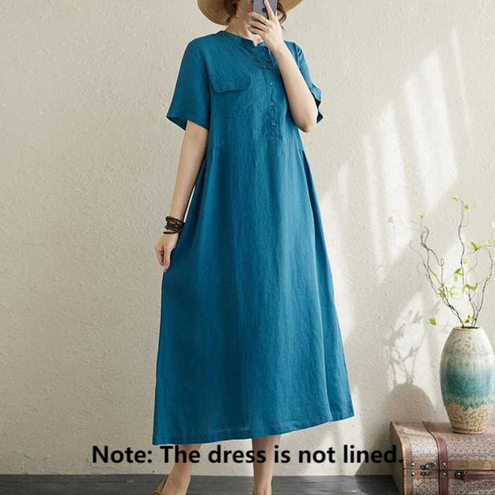 Vestido midi de lino de manga corta con cuello alto y botones, con bolsillos y diseño de Buddha Stones - image 17