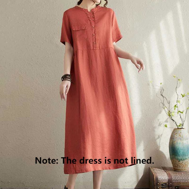 Vestido midi de lino de manga corta con cuello alto y botones, con bolsillos y diseño de Buddha Stones - image 12