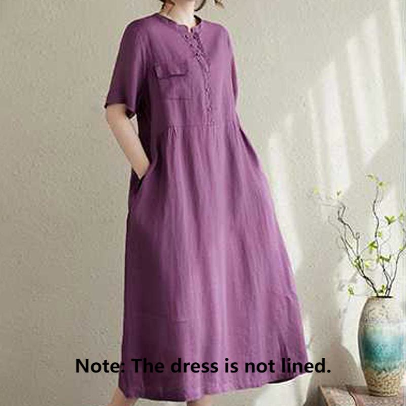Vestido midi de lino de manga corta con cuello alto y botones, con bolsillos y diseño de Buddha Stones - image 2